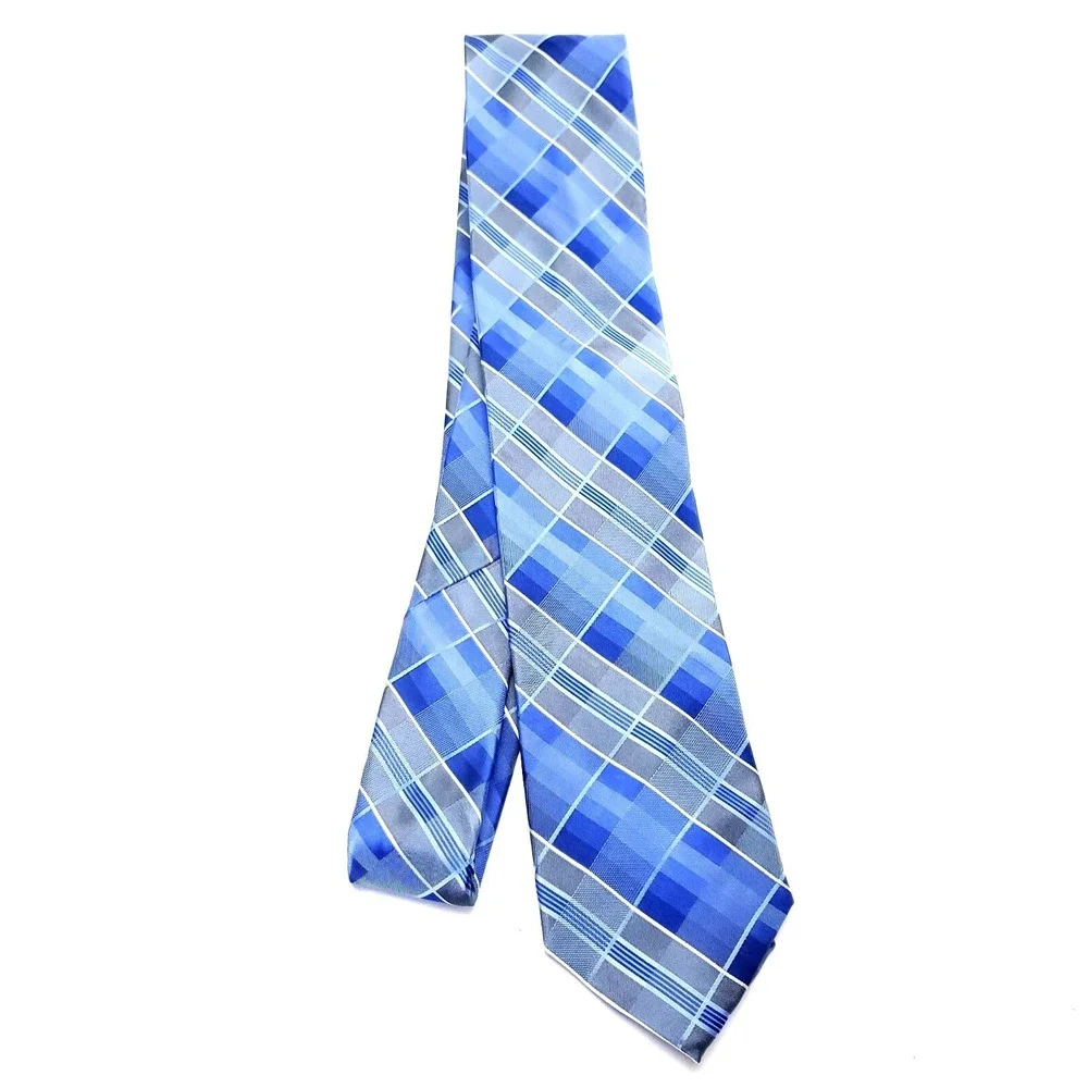 Calvin‎ Klein Blue Silk Tie Woven Skinny Plaids & Stripes